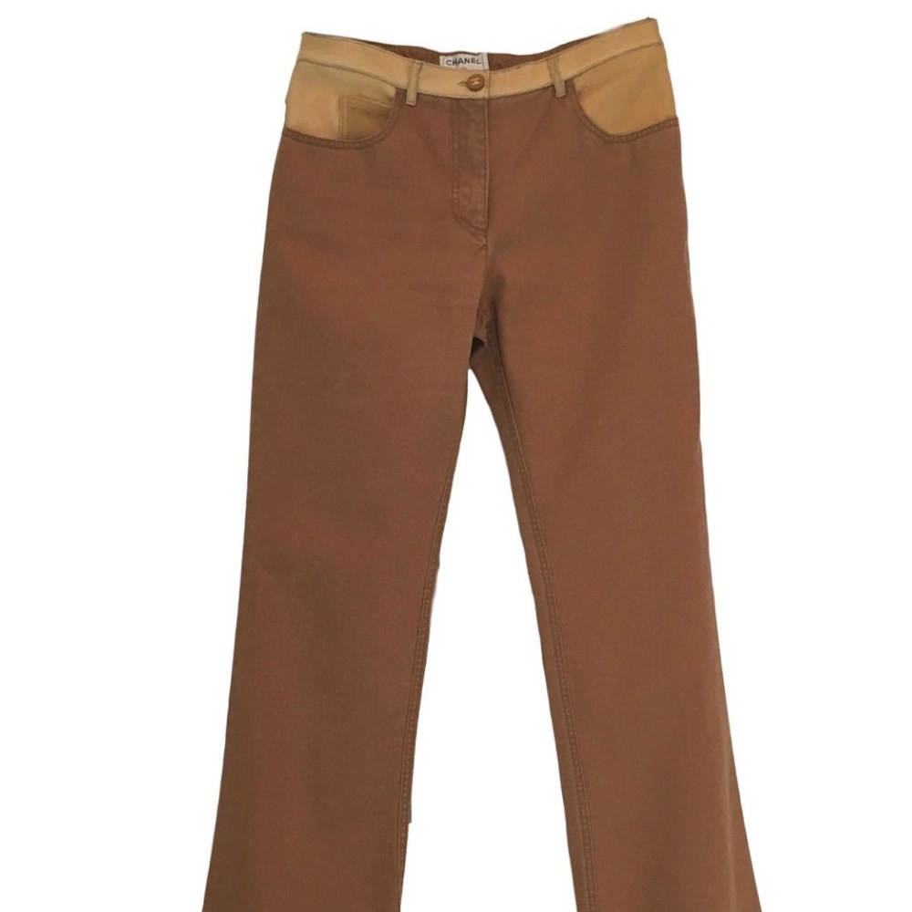 CHANEL Vintage Denim and Leather Western Jeans, Beige, Size 40